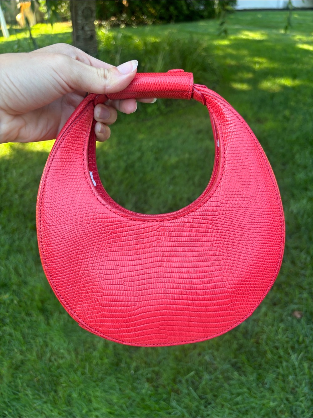 Staud Good Night Moon bag in crocodile stamped red